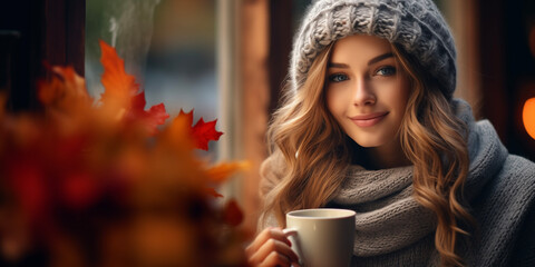 Cozy Autumn woman. Falling leaves backdrop. Park, nature, outdoor. Decoration Halloween background.