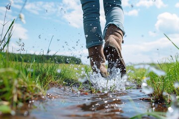 Wasserwelten: Schuhe treffen auf Pfützen - obrazy, fototapety, plakaty