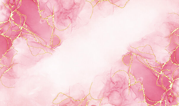 Pink alcohol ink mixed with glitter gold pattern elegant abstract ink flow art with translucent background.	