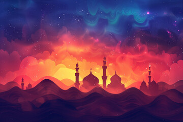 Fototapeta premium Abstract wavy orange background with mosque.