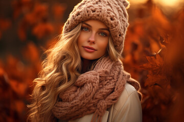 Cozy Autumn woman. Falling leaves backdrop. Park, nature, outdoor. Decoration Halloween background.