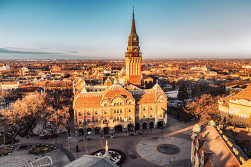 Aerial view of a famous Subotica town hall as a symbol of the city history and architectural heritage, with its red facade and elegant clock tower drawing visitors and tourists to Serbia