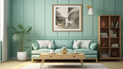 Vintage Inspired Living Space with Teal Wall, Mid-Century Modern Sofa and Botanical Print