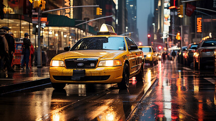 Fototapeta na wymiar New York City Streets with Iconic Yellow Taxi at Night