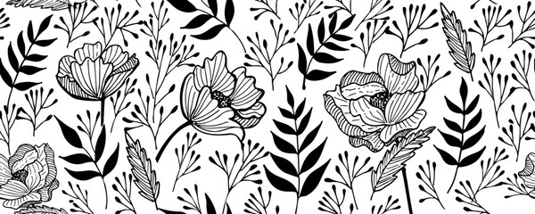 Seamless pattern modern abstract exotic leaves and flowers. Hand drawn vector botanical background.  Black  ink illustration with floral motif. © Vitalii