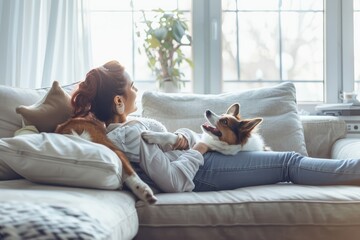 Relaxed woman enjoying a playful interaction with her dog on a cozy sofa - Happy moments in pet-friendly home life - AI generated - obrazy, fototapety, plakaty