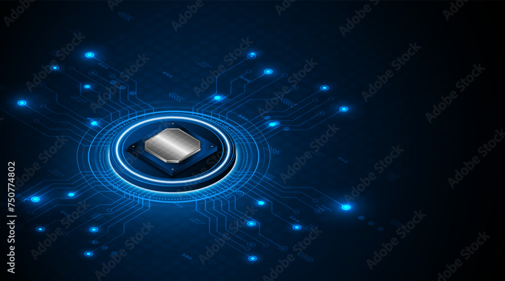 Poster Microchip processor circuit board technology on dark blue background. Information Processing Concept. Circuit board hi-tech technology background. vector illustration	