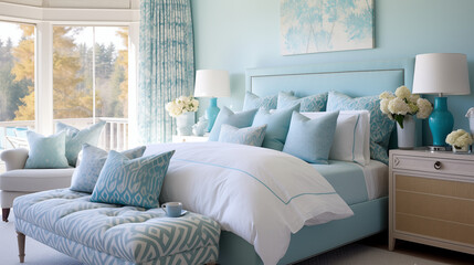 Jasna przytulna błękitna sypialnia w stylu hampton - mockup obrazu na ścianie. Niebieskie,...