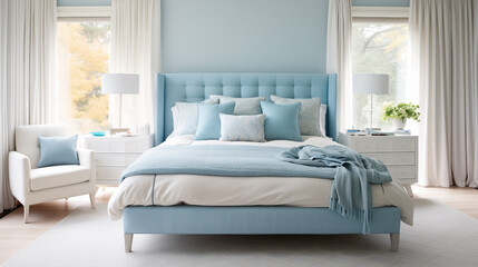 Jasna przytulna błękitna sypialnia w stylu hampton - mockup obrazu na ścianie. Niebieskie, błękitne i białe kolory wnętrza. Render 3d. Wizualizacja