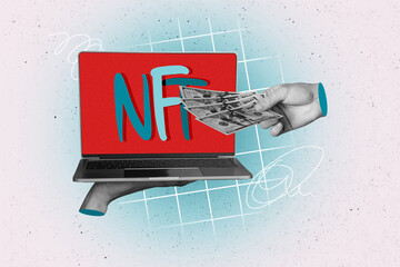 Collage picture of black white colors arm hold laptop screen nft dollar bills banknotes isolated on...