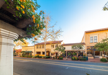 Picturesque street under a blue sky in Santa Barbara - obrazy, fototapety, plakaty