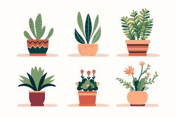 Collection of decorative houseplants and succulents isolated on white background. Trendy plants growing in pots or planters. Flat colorful vector illustration.