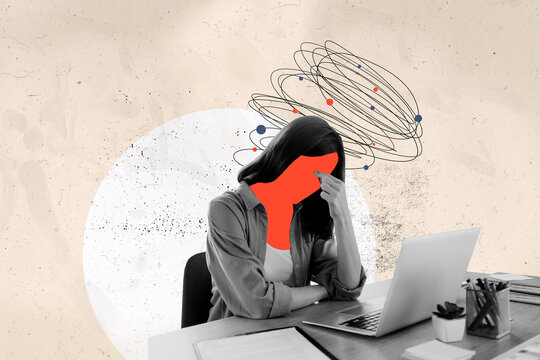 Trend artwork 3D photo collage sketch image of young sad stressed lady with headache burnout deadline overloaded tired work in office
