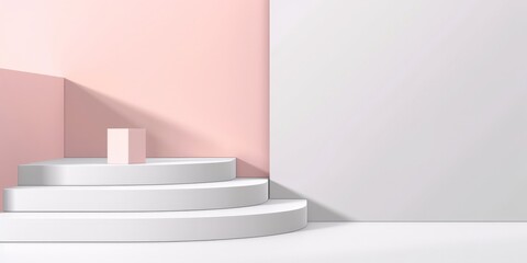 A room decorated in pink and white tones with a prominent white staircase in the center. The staircase leads to an upper level, adding depth to the room.