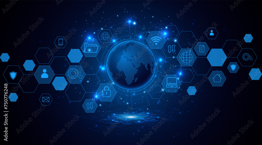 Fototapete Global connection network background. World map. High-speed internet technology concept or fast wireless data transmission. modern internet network connection technology background	