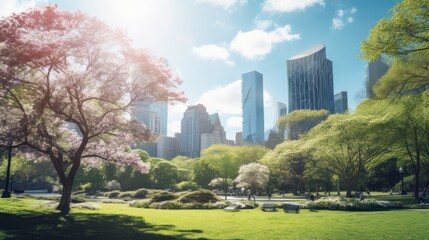 Park landscape with big city,Public park and high-rise buildings,  - obrazy, fototapety, plakaty