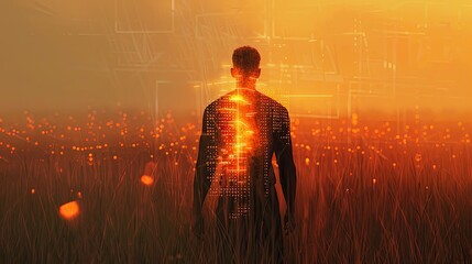 Conceptual illustration of photorealism, a man with a superimposed golden grid of computer networks and artificial intelligence, background for a commercial presentation 3 - obrazy, fototapety, plakaty