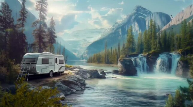Caravan with waterfall in forest. Adventure in the wild. Seamless looping time-lapse 4k video animation background