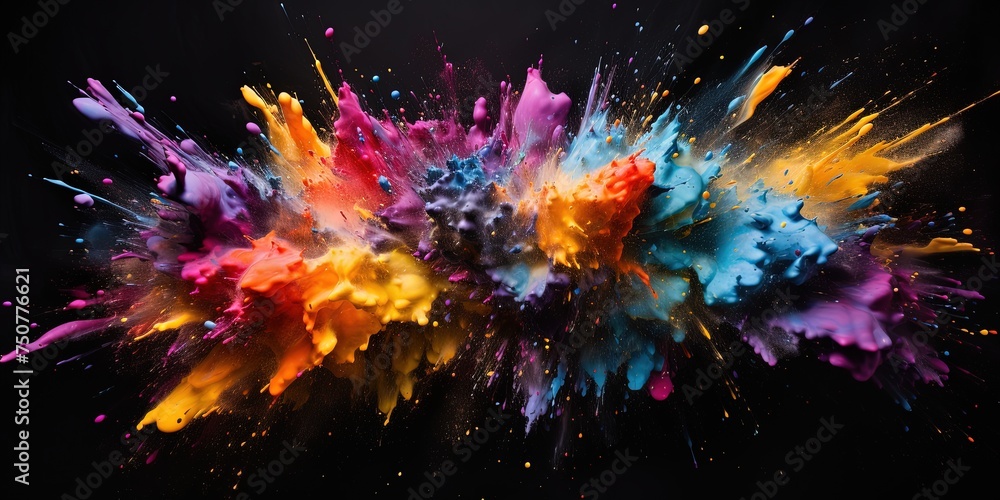 Poster dynamic explosion of abstract splatter in dark tones with vibrant colors against a black background