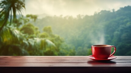 Naklejka na ściany i meble Red coffee cup placed on a wooden table with tropical forest, fog blowing.