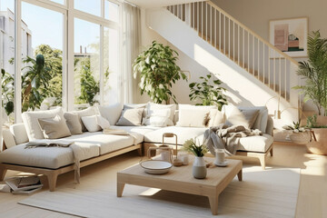 Fototapeta premium A chic Scandinavian living space bathed in natural light, featuring plush beige sofas and a staircase with glass balustrades, offering glimpses of a sun-drenched terrace adorned with potted greenery.