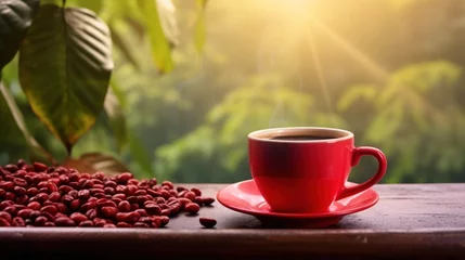 Fotobehang Red coffee mug and coffee beans around the mug, fresh coffee leaves  © CStock