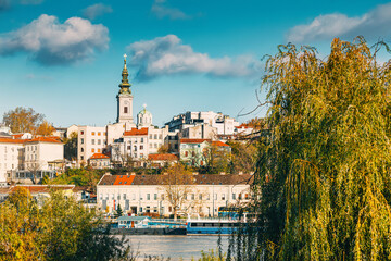 Belgrade's skyline boasts historic churches and modern architecture, framed by the picturesque rivers Danube and Sava. - obrazy, fototapety, plakaty