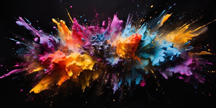 Dynamic explosion of abstract splatter in dark tones with vibrant colors against a black background © Влада Яковенко