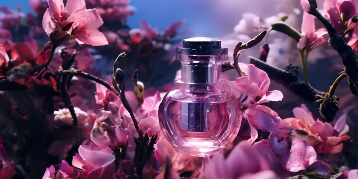 Anamorphic shot of a bottle of perfume rotates in flowers with liquid splash. High quality 4K