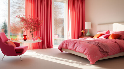 Jasna przytulna sypialnia w nowoczesnym stylu glamour - dekoracje na ścianie. Różowe i białe kolory wnętrza. Render 3d. Wizualizacja	 - obrazy, fototapety, plakaty