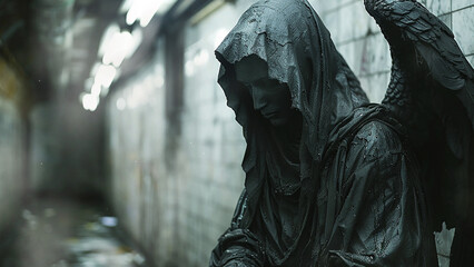 An angel statue in a flooded basement