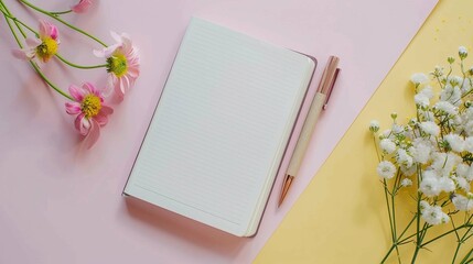 Notebook with flowers and pen