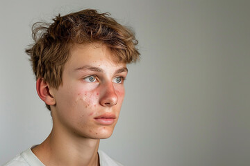 Fototapeta premium portrait of a teenage with acne on his face, light background