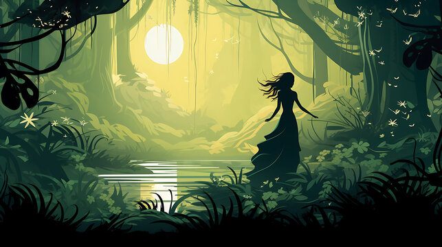 A vector representation of a fairy in a magical forest.