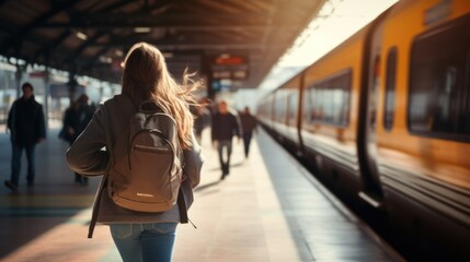 train station,Running train with woman with backpack 