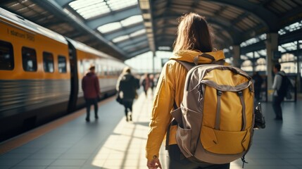 train station,Running train with woman with backpack 