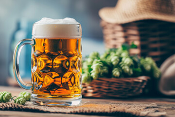 Summer Vibes, Beer Mug with Hat and Basket of Hops - obrazy, fototapety, plakaty