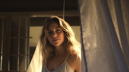 Fototapeta premium young woman opens dark curtains in morning 