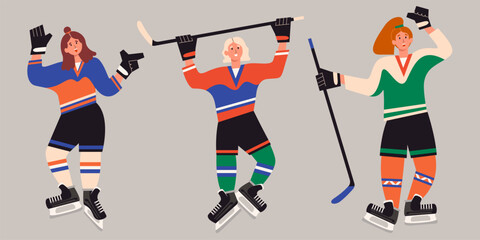 Female ice hockey. Ice-hockey players with stick. Winter team sport. Young ice hockey players in action. 
Trendy hand drawn vector flat illustration isolate on light background.