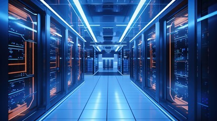 Futuristic High Tech Server Room,System Administrator Corridor.