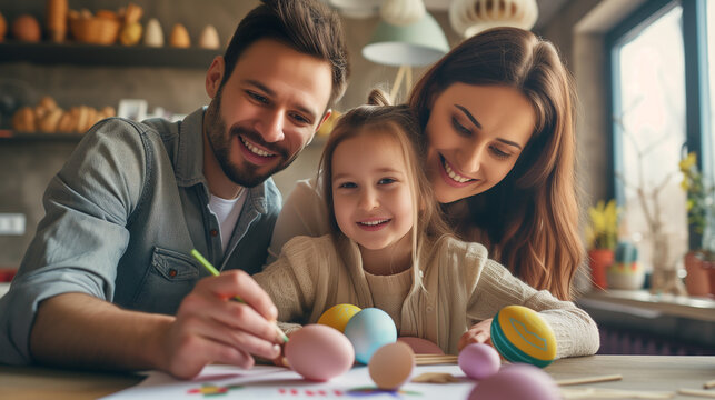 Mom and dad helping to little daughter to paint easter eggs
