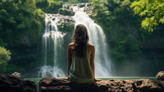 woman sits on a rock looking at a beautiful waterfall,
