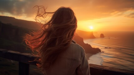 woman and nature,young women watching the sunrise 