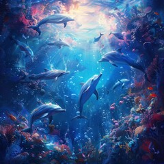 Fototapeta na wymiar Dive into the depths of imagination with this surreal portrayal of a dolphin university beneath the waves. Against a backdrop of mesmerizing blues and vibrant hues