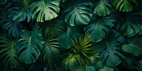 A vibrant rich green tropical leaves overlapping in a natural pattern - obrazy, fototapety, plakaty