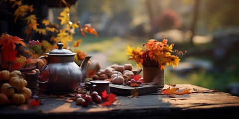 Cozy Autumn house background. Falling leaves backdrop. Park, nature, outdoor. Decoration Halloween.