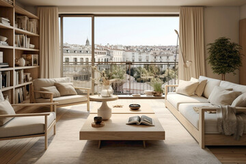 Panoramic view of a Scandinavian-style living room with beige furniture, open to a balcony overlooking a bustling city street.