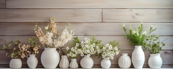 A beautiful arrangement of white vases and flowers on a wooden wall showcases an exquisite blend of architecture, design, texture, and plant life, creating an inviting interior ambience