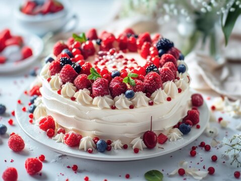 Photograph of a Cake. Celebratory Indulgence with Fresh Berries and Cream