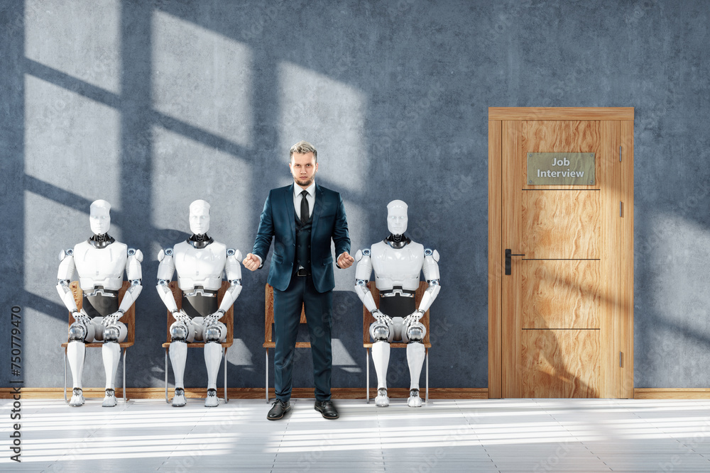 Poster concept robots and artificial intelligence are taking away jobs. robots and humans are sitting waiti